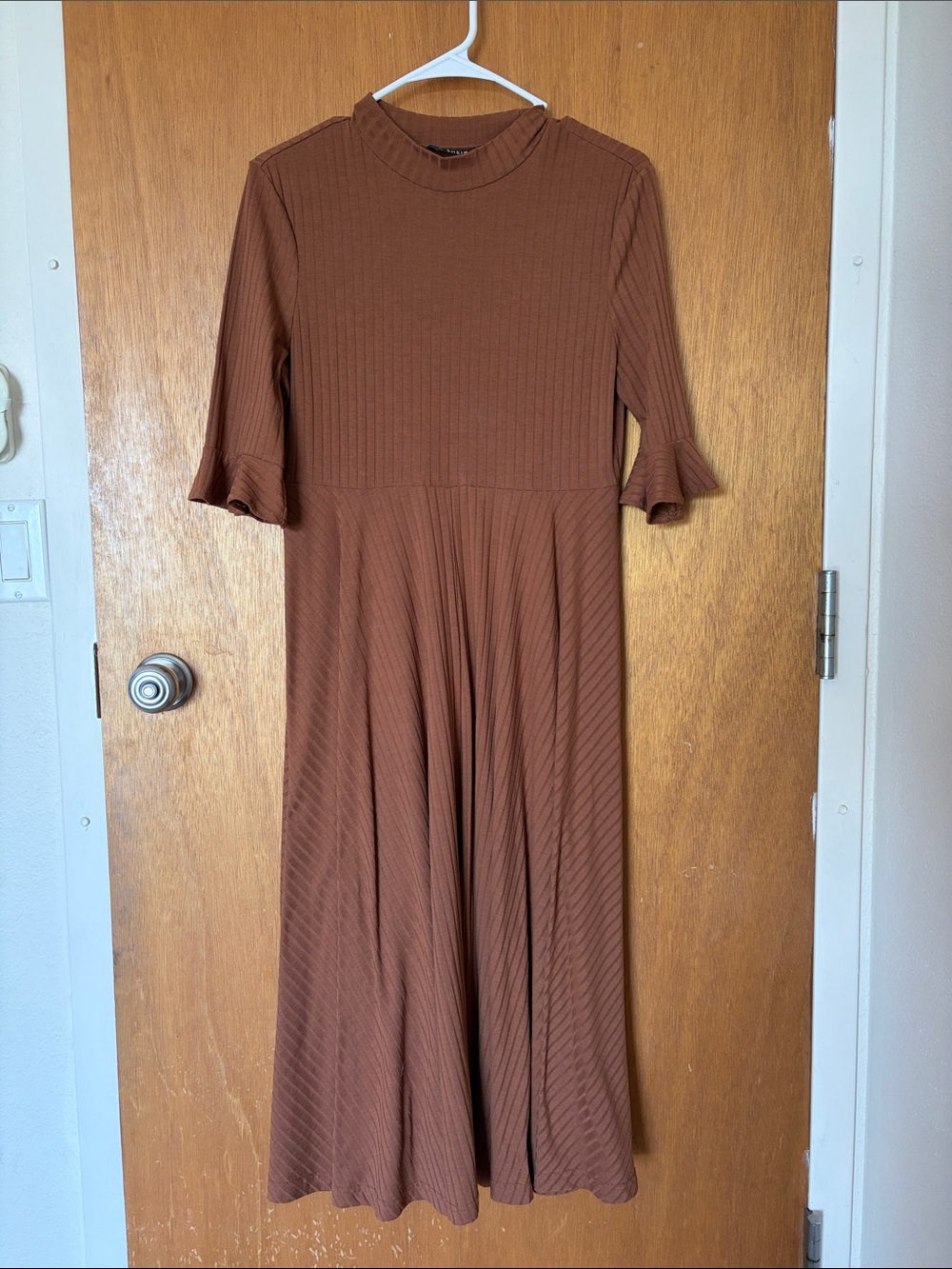 SHEIN Brown Ribbed Dress with Ruffle Sleeves